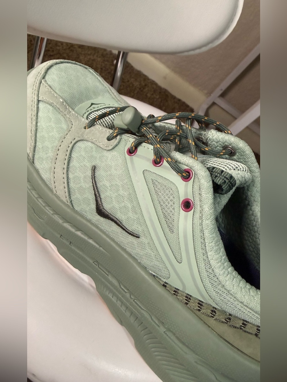 Hoka size 7 Women's Sage Green Athletic Sneakers with Pink Eyelets